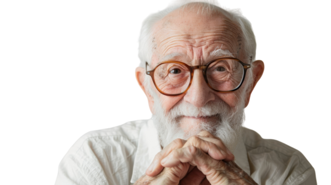Mysterious old man with glasses and white beard contemplates the secrets of the universe