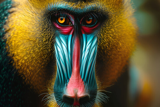 Close-up of a colorful mandrill against a soft forest background