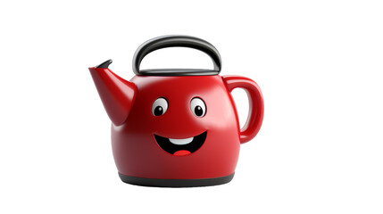 A red teapot with a beaming smile painted on its side
