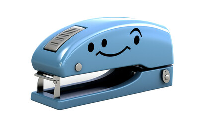 A blue stapler featuring a cheerful smiley face drawn on it, adding a touch of whimsy to the office supplies