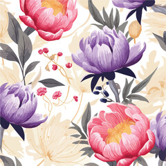 Summer vintage seamless pattern with pions flowers