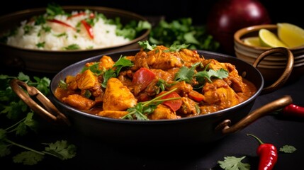 A mouthwatering chicken curry dish garnished with fresh herbs served in a traditional bowl