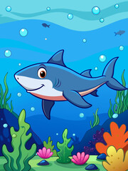 Adorable sharks swim playfully in the tranquil waters of a picturesque landscape.