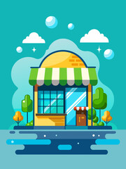 Flat design shop template vector with a blue and white water background.
