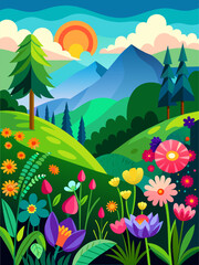 Fototapeta premium Floral Vector Landscape Background with a vibrant array of flowers and greenery creating a serene and picturesque scene.