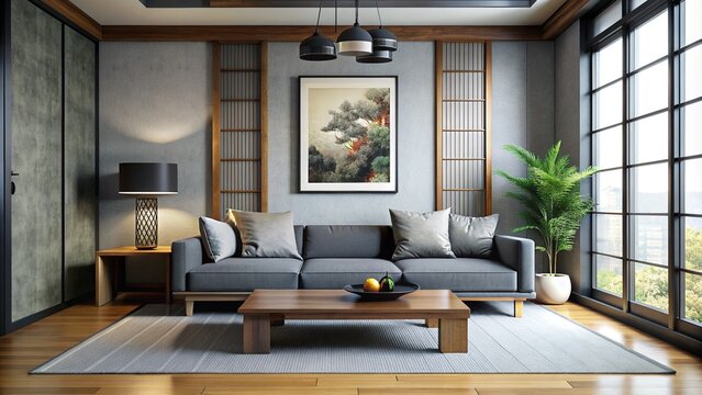 Japanese style home interior design of modern living room with grey sofa and cushions