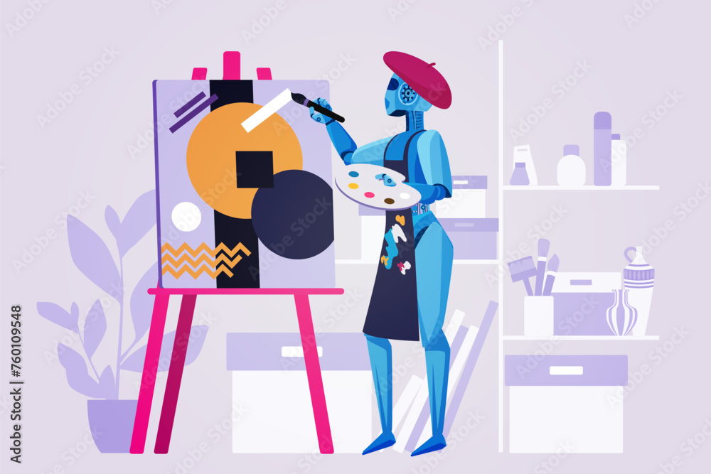 Poster Art content generation using AI. Robot artist painting creative picture on easel, cyborg in painters beret and apron holding brush to create digital image in workshop cartoon vector illustration