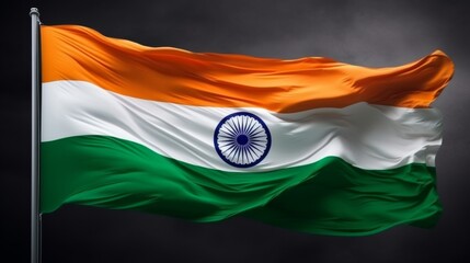 Vibrant and dynamic image capturing the Indian flag in mid-wave, symbolizing pride and patriotism - Powered by Adobe