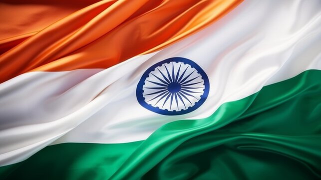Close-up image of the Indian flag, the Ashoka Chakra is shown prominently with the saffron, white, and green colors