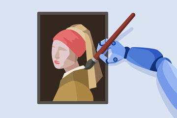AI content generation using AI, digital art project of artificial intelligence. Hand of robot with brush painting creative portrait of woman, AI artist drawing picture cartoon vector illustration