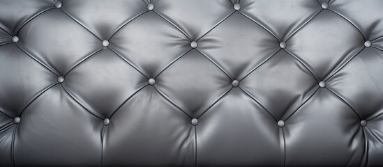 A close up of a black leather couch with button detailing, showcasing the symmetry of the pattern and shades of grey. The wire fencing adds a unique touch