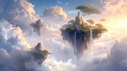 A single majestic tree on a floating island with cascading waterfall against a backdrop of golden clouds, evoking tranquility and balance - obrazy, fototapety, plakaty