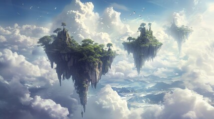 Enchanting image of floating islands with lush greenery suspended in a calm blue sky with soft clouds