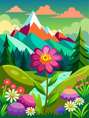 Floral Vector Landscape Background featuring vibrant blooms and lush greenery