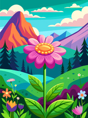 Flower vector landscape background with colorful flowers and green leaves.