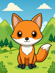 Fototapeta premium A cute fox frolics amidst a breathtaking landscape of lush greenery and rolling hills.