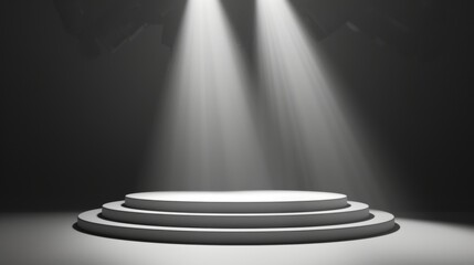 A minimalist illustration of an empty spotlighted podium suggesting anticipation and focus