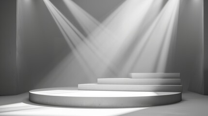 This image showcases a white podium with steps under bright stage lights against a gray background in a room