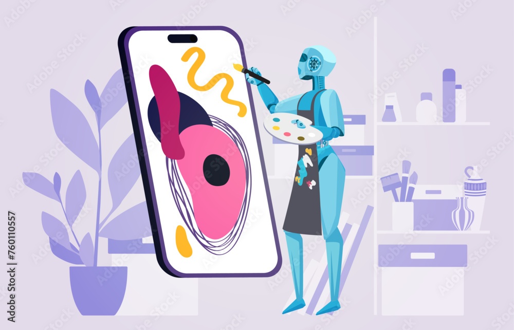 Aufkleber Art content generator mobile app for phone. Robot painting creative picture on smartphone screen, artificial intelligence artist working to create digital image online cartoon vector illustration