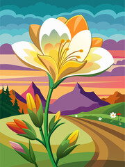 Fototapeta na wymiar Freesia vector landscape background depicts a picturesque expanse amidst blooming freesia flowers.