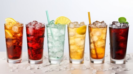 An arrangement of refreshing iced glasses of various flavours displayed neatly on a white table