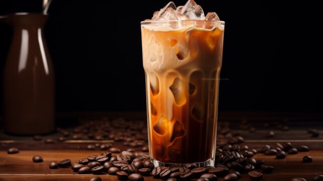 This delicious-looking image features a tall glass of iced coffee with swirling cream, contrasted against a dark backdrop