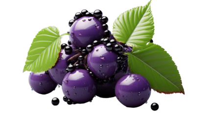 A bunch of vibrant purple grapes nestled among green leaves