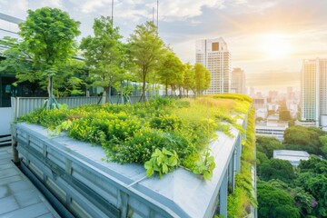 Green rooftops in a bustling urban cityscape, showcasing sustainable living with eco-friendly buildings adorned with lush vegetation, promoting an ecological lifestyle amidst modern city regions.
