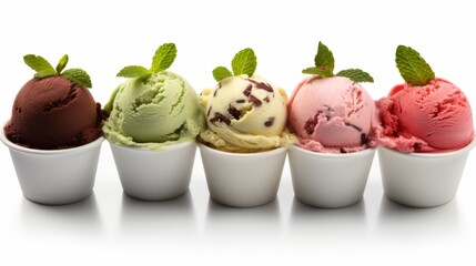 Vibrant and colorful ice cream scoops in white bowls lined up on a pristine white background for simplicity and focus