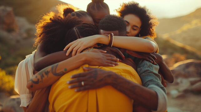 Behind view of group of diverse people holding and embracing each other. Diverse people hugging each other. Ai generated image