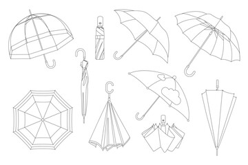 Open and closed umbrellas for rain protection, thin line icon set. Sketch fashion accessory collection of rainy season, folded parasol or flying waterproof umbrella with handle vector illustration - obrazy, fototapety, plakaty