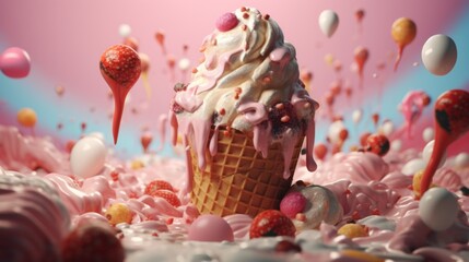 A detailed fantasy depiction of a single ice cream cone amidst a colorful candy landscape - Powered by Adobe