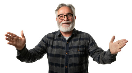 A man with a beard and glasses holds his hands out in a welcoming gesture