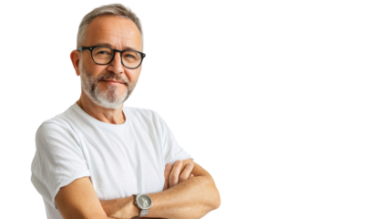 A contemplative man in glasses and a white shirt gazes into the distance