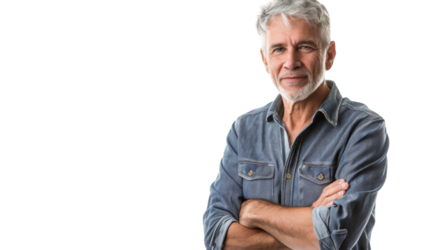 A man stands confidently with his arms crossed in front of a white backdrop - Powered by Adobe