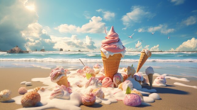 Surreal image of ice cream cones and seashells mixed together on a sandy shore with a whimsical sky