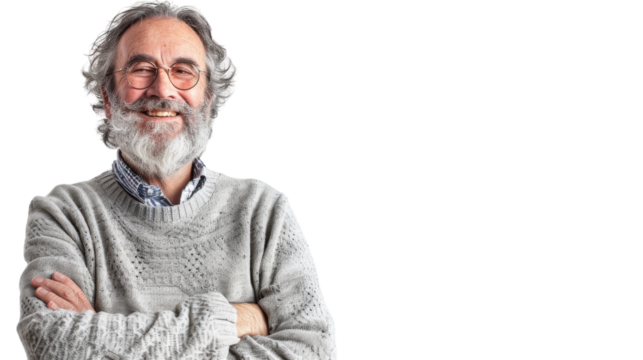 A man with a beard and glasses stands with his arms crossed