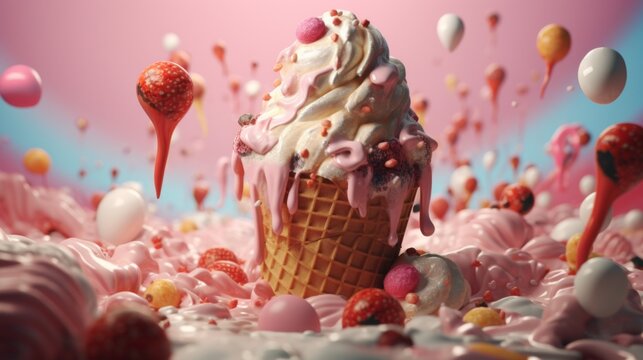A detailed fantasy depiction of a single ice cream cone amidst a colorful candy landscape
