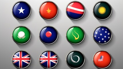 A selection of colorful buttons adorned with world flags, national symbols, and unique identifiers of various countries - obrazy, fototapety, plakaty