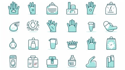 Hand-drawn style set of icons related to cleaning and personal hygiene routines