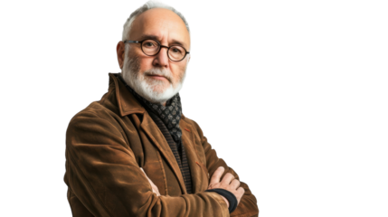 Bearded man with glasses standing confidently arms crossed