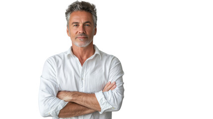 A man in a white shirt stands with arms crossed, deep in thought
