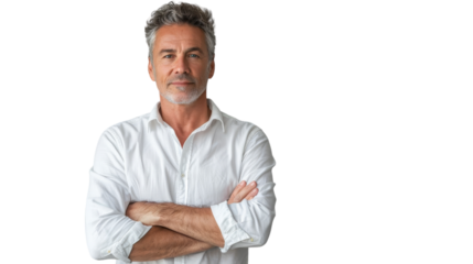 A man in a white shirt stands with arms crossed, deep in thought