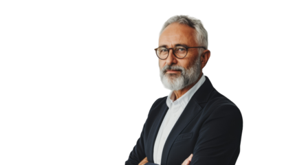 A bearded man with glasses stands with crossed arms