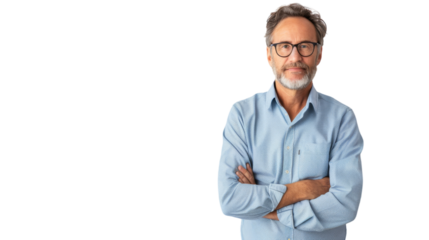 A man with a beard and glasses stands confidently with his arms crossed