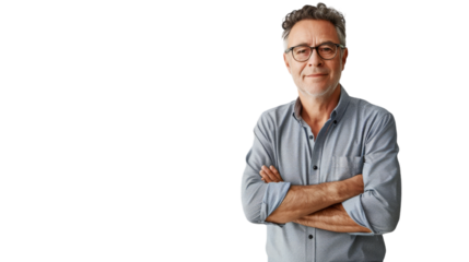 A confident man with his arms crossed standing before a stark white background