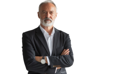 A dapper man in a sleek suit and tie stands confidently with his arms crossed