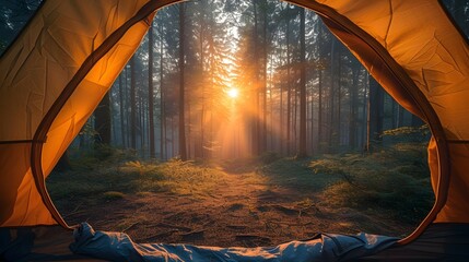 A camping tent in a nature hiking spot (view from inside the tent)
