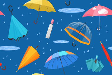 Folded and open colorful umbrellas for rain protection, seamless pattern. Flying repeat modern different waterproof parasols with handles, water drops and rain puddles cartoon vector illustration - obrazy, fototapety, plakaty