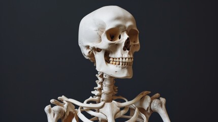 A side profile of a human skeleton model featured against a dark background, emphasizing the skull and shoulders